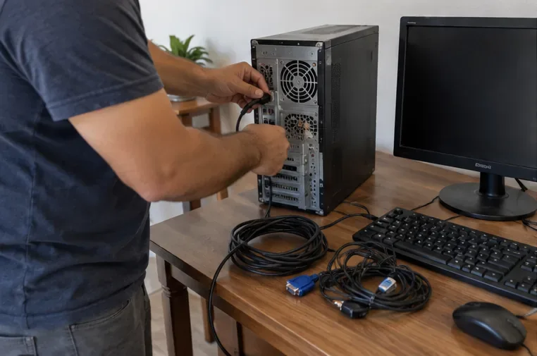 Pessoa desconectando cabos da parte traseira de um computador desktop, com monitor, teclado e cabos organizados sobre a mesa