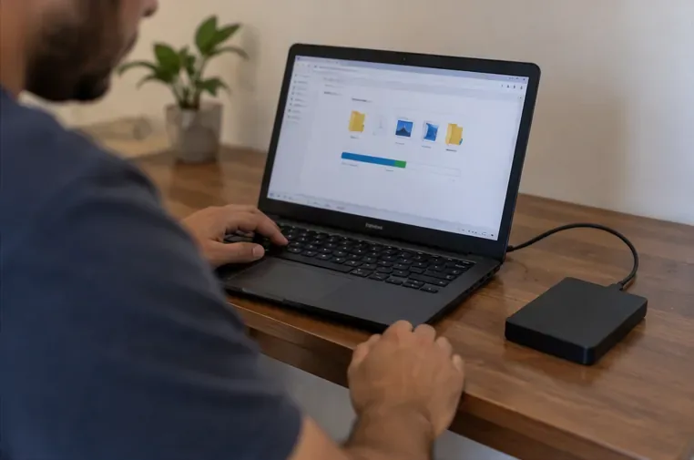 Pessoa fazendo cópia de arquivos de um notebook para uma unidade externa antes do descarte do computador