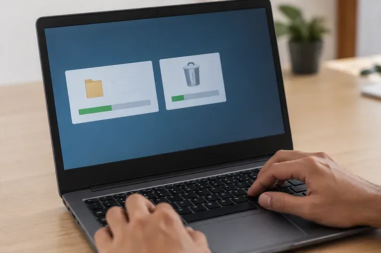 Pessoa usando um notebook para fazer backup e remover arquivos antes de descartar um computador
