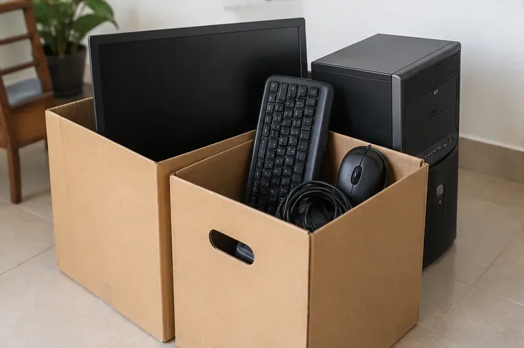 Computador, monitor, teclado, mouse e cabos organizados em caixas para transporte até a coleta