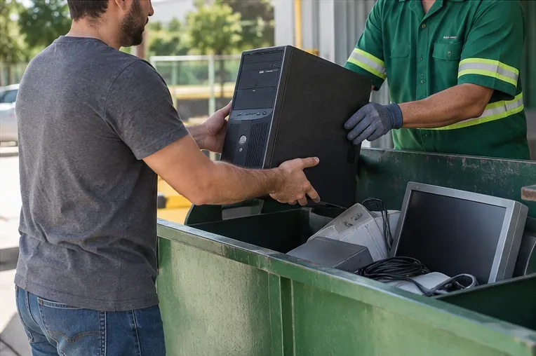 Pessoa entregando uma torre de computador antiga a um trabalhador de coleta de eletrônicos