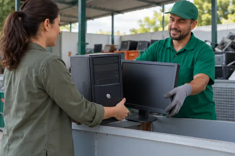 Pessoa entregando um gabinete de computador e um monitor a um funcionário em um ponto de recebimento