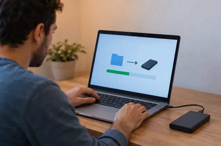 Pessoa fazendo backup de arquivos do notebook para uma unidade externa