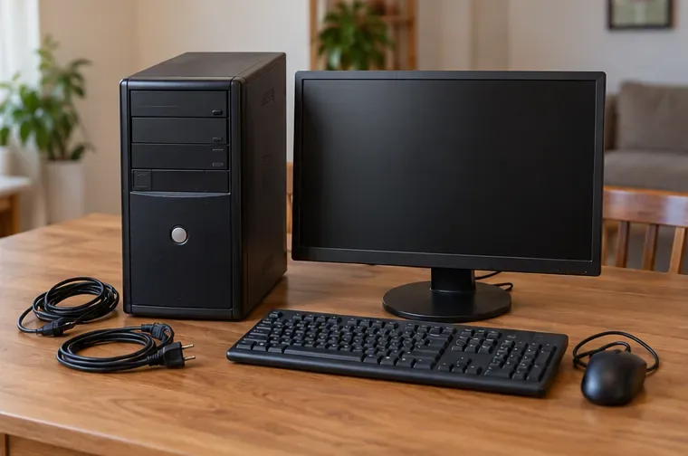 Computador de mesa, monitor, teclado, mouse e cabos organizados sobre uma mesa