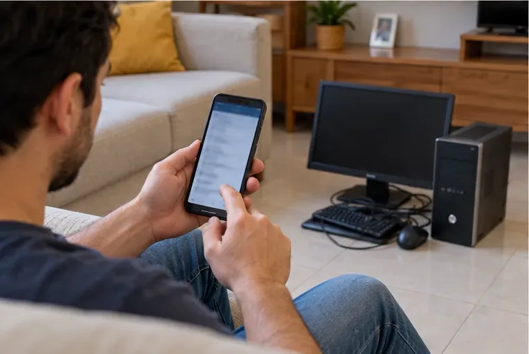 Pessoa usando um smartphone ao lado de computador e monitor já desligados para organizar uma solicitação de coleta