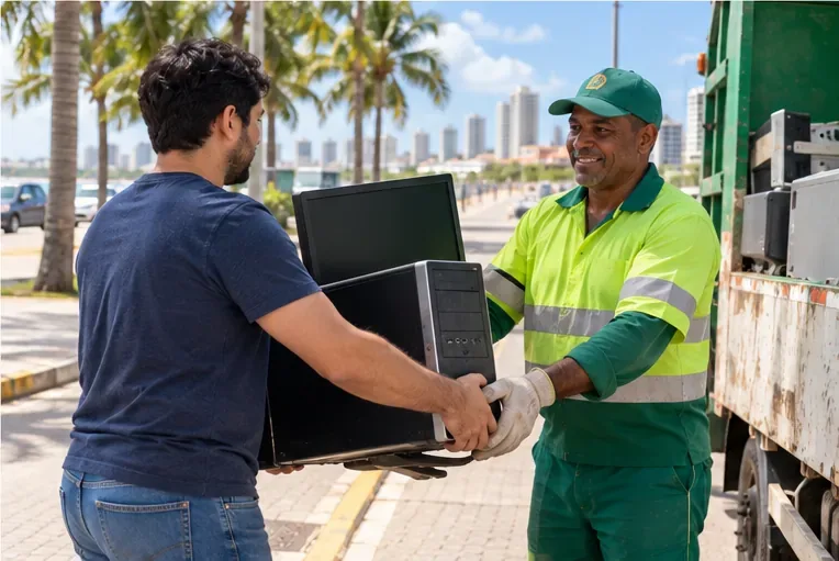 Pessoa entregando gabinete e monitor de computador a trabalhador de coleta ao lado de caminhão