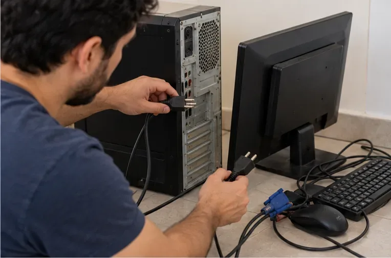 Pessoa desconectando cabos da parte traseira de um computador de mesa e separando monitor e periféricos