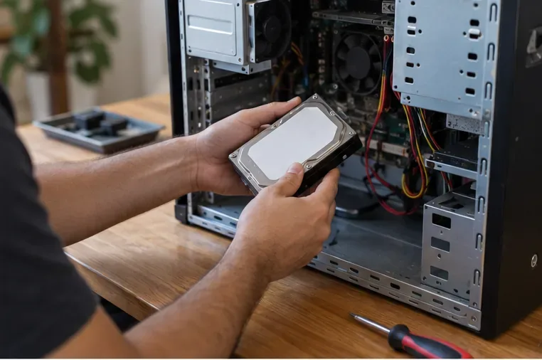 Pessoa retirando o disco rígido de um computador desktop antes da destinação para reciclagem