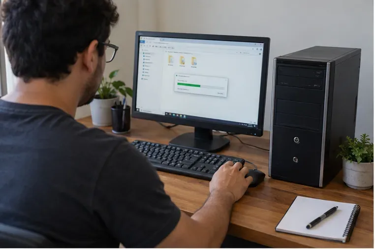 Pessoa fazendo cópia de arquivos em um computador desktop antes de descartá-lo em Maceió