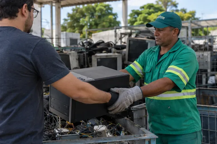 Trabalhador de reciclagem recebendo um computador desktop inteiro em área de triagem de eletrônicos