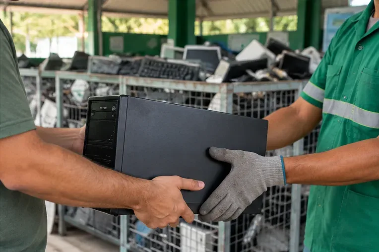 Trabalhador de unidade de reciclagem recebendo um gabinete de computador entregue por um morador