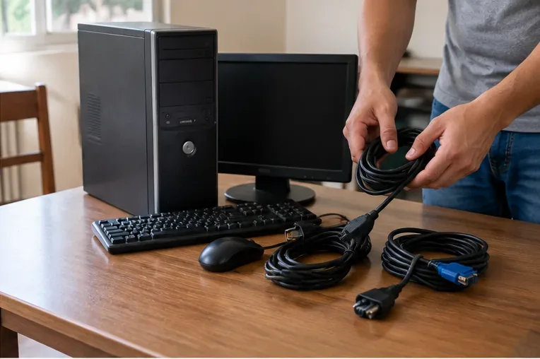Computador de mesa desligado com teclado, mouse e cabos organizados sobre uma mesa