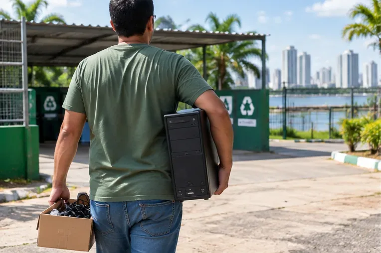 Pessoa levando um gabinete de computador e uma caixa com cabos em direção a uma área de coleta de eletrônicos