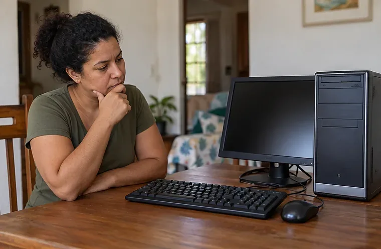 Uma moradora examina um computador de mesa antigo com gabinete, monitor, teclado e mouse