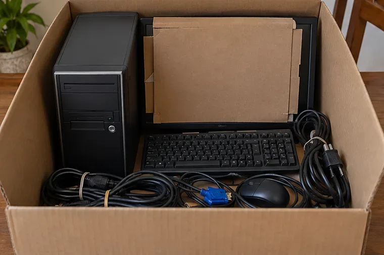 Gabinete, monitor protegido por papelão, teclado, mouse e cabos organizados em uma caixa para transporte