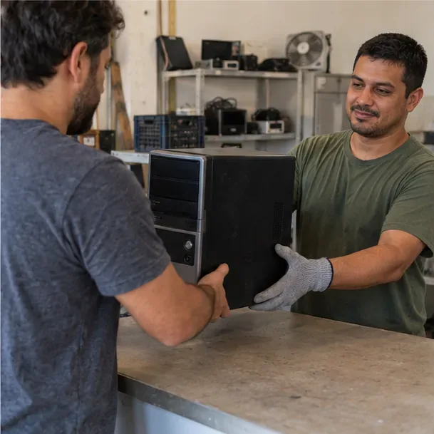 Morador entregando um gabinete de computador a um funcionário em um balcão de recebimento de eletrônicos