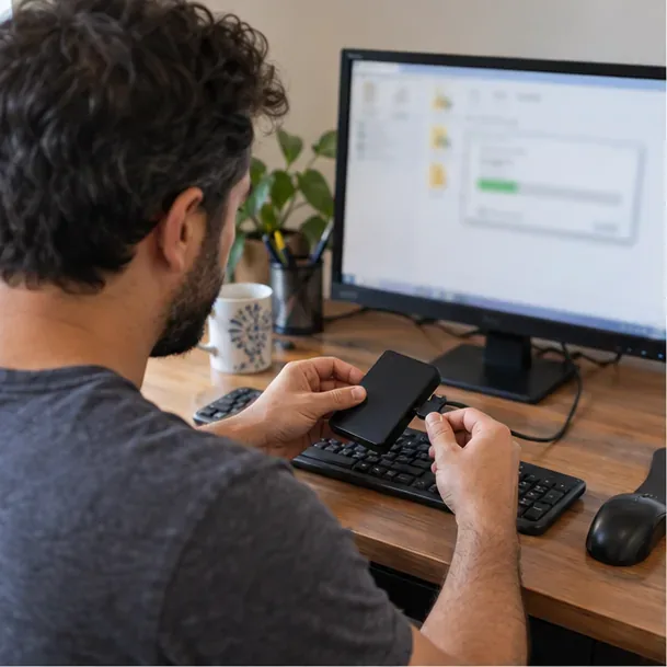 Pessoa fazendo uma cópia dos arquivos do computador para uma unidade externa antes do descarte