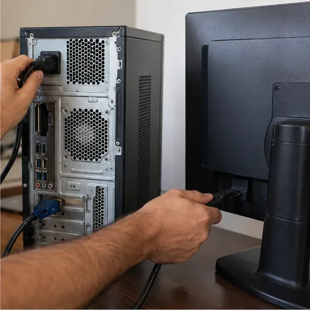 Mãos desconectando os cabos de energia e de vídeo de um computador de mesa desligado