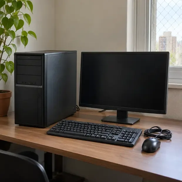 Computador desktop, monitor, teclado e mouse desligados sobre uma mesa limpa