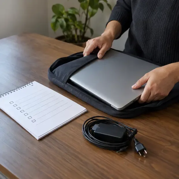 Notebook desligado sendo colocado em uma capa protetora ao lado do carregador