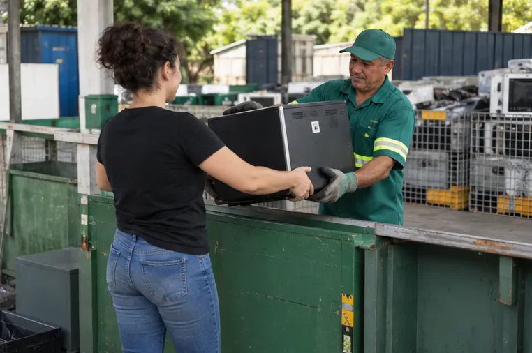 Pessoa entregando um computador de mesa a um trabalhador em área de recebimento de equipamentos eletrônicos