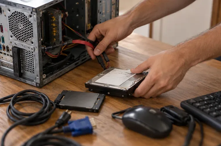 Mãos retirando uma unidade de armazenamento de um computador aberto, com cabos e peças sobre uma mesa