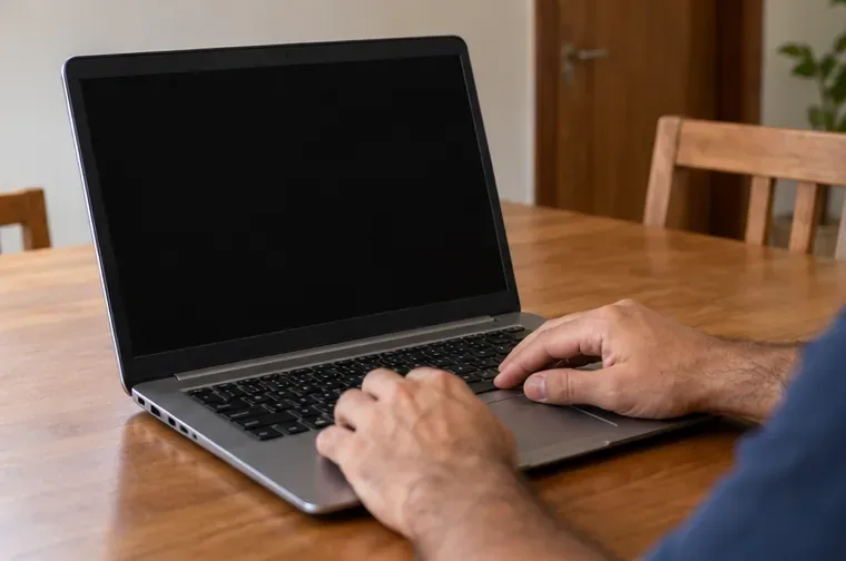 Mãos sobre o teclado de um notebook antigo, com a tela apagada, em uma mesa de madeira.