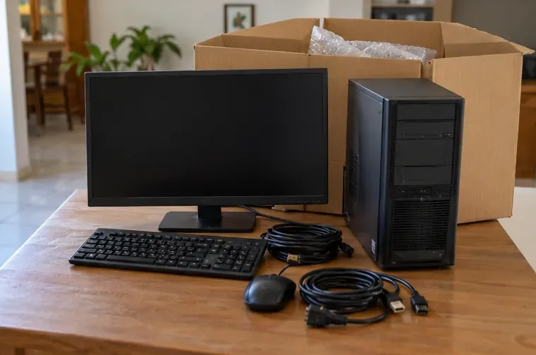 Gabinete de computador, monitor plano, teclado, mouse e cabos separados sobre uma mesa ao lado de uma caixa.