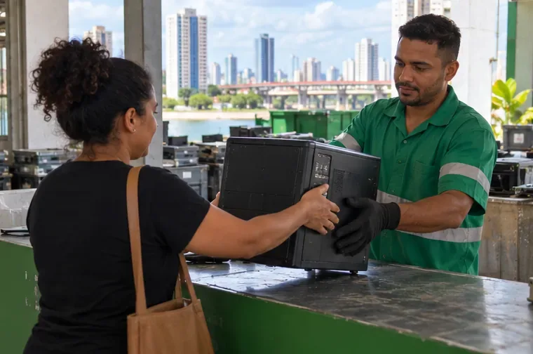 Pessoa entrega um gabinete de computador a um atendente em um balcão de recebimento de eletrônicos.