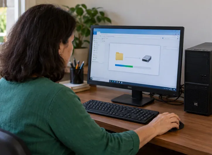 Pessoa copiando arquivos de um computador antigo para uma unidade externa antes do descarte