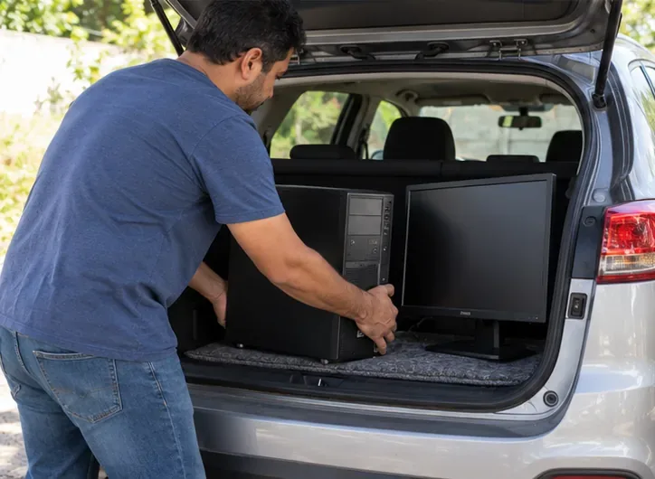 Pessoa colocando com cuidado um computador de mesa e um monitor no porta-malas de um carro