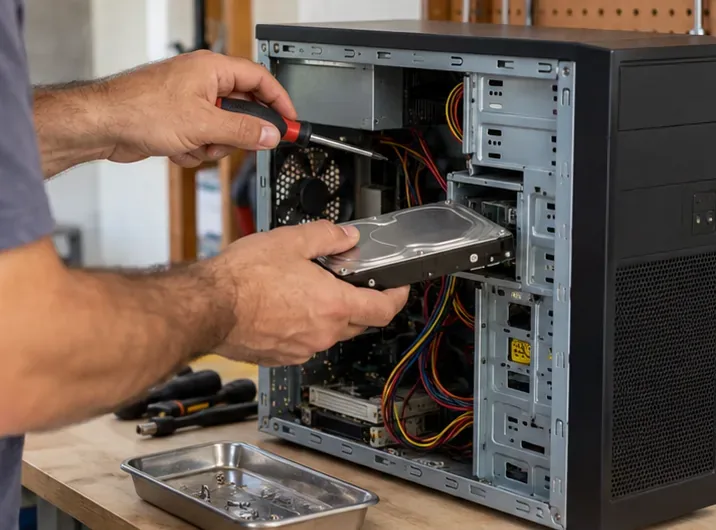 Mãos retirando o disco rígido de um computador de mesa desligado e aberto
