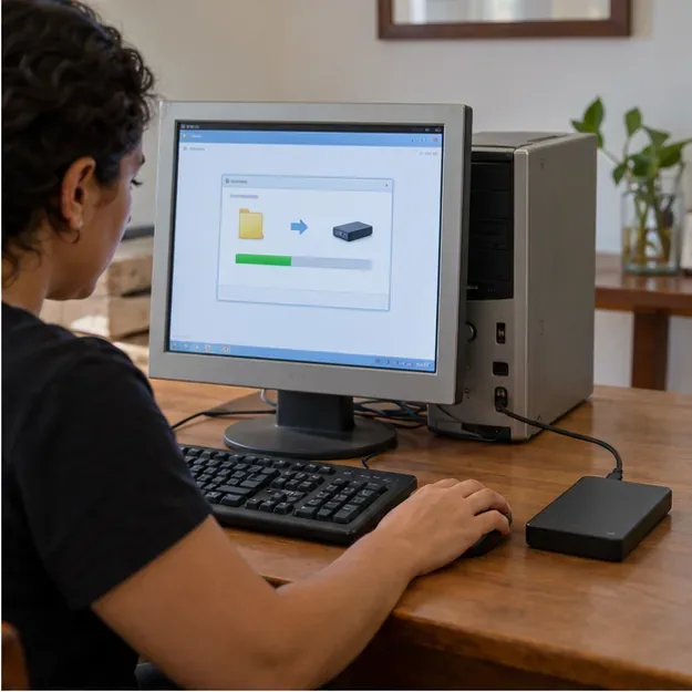 Pessoa fazendo uma cópia de arquivos de um computador antigo para um disco externo antes de apagá-los.