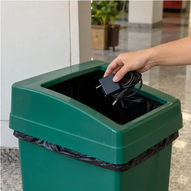 Mão depositando um acessório eletrônico pequeno em um coletor verde genérico, sem identificação de local.
