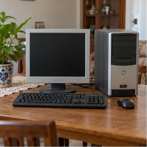 Computador de mesa antigo, com monitor, teclado e mouse, organizado sobre uma mesa antes do descarte.