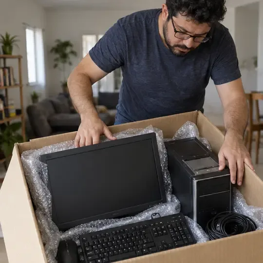 Computador de mesa, monitor, teclado, mouse e cabos protegidos dentro de uma caixa com material de amortecimento