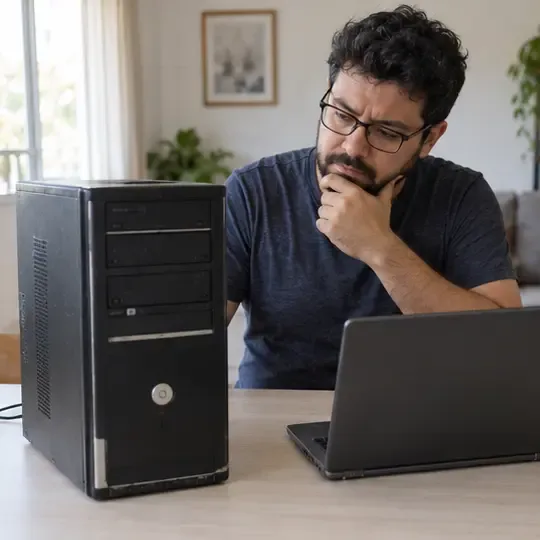 Pessoa avaliando um computador de mesa antigo e um notebook sobre uma mesa em casa