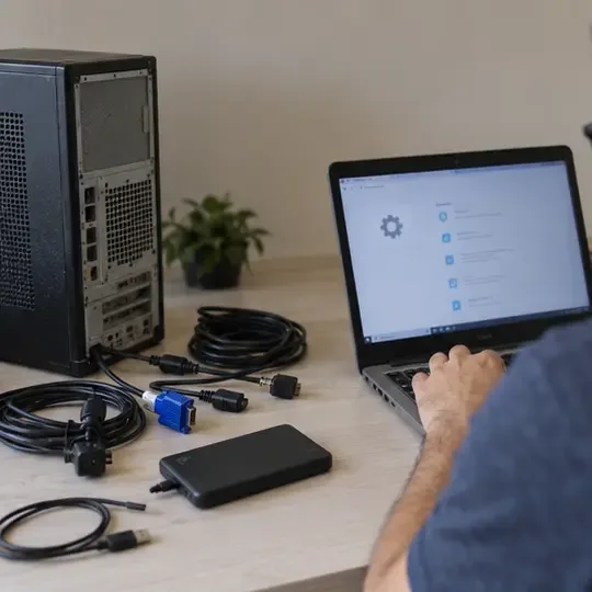 Pessoa desconectando cabos e preparando um computador antigo enquanto mantém um dispositivo de armazenamento separado