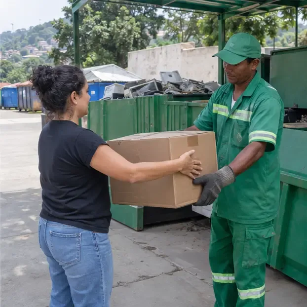 Moradora entregando uma caixa com computador a um trabalhador em uma área de coleta de resíduos eletrônicos