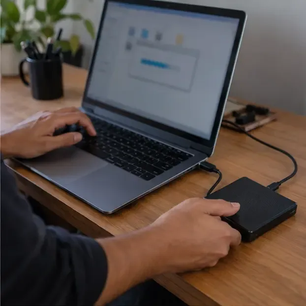 Pessoa fazendo backup de um notebook para uma unidade externa em uma mesa, com o conteúdo da tela desfocado