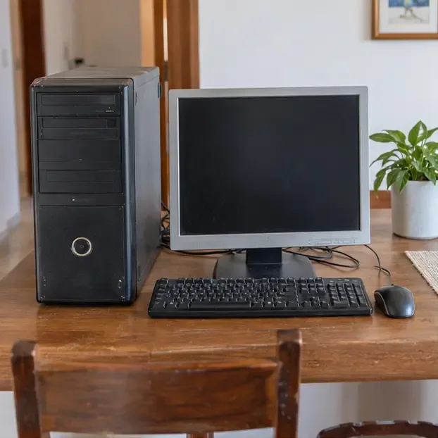 Computador de mesa antigo com gabinete, monitor, teclado e mouse organizados sobre uma mesa