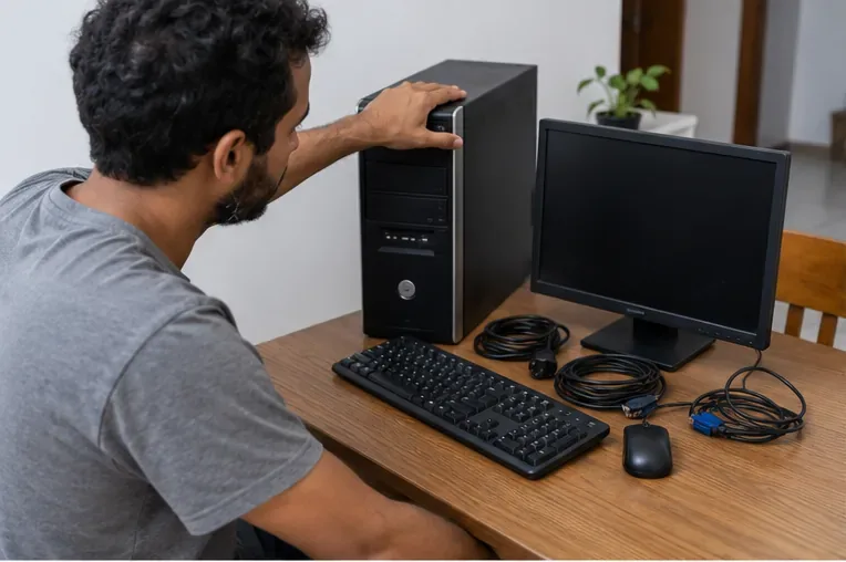 Pessoa avaliando um computador de mesa antigo com gabinete, monitor, teclado, mouse e cabos