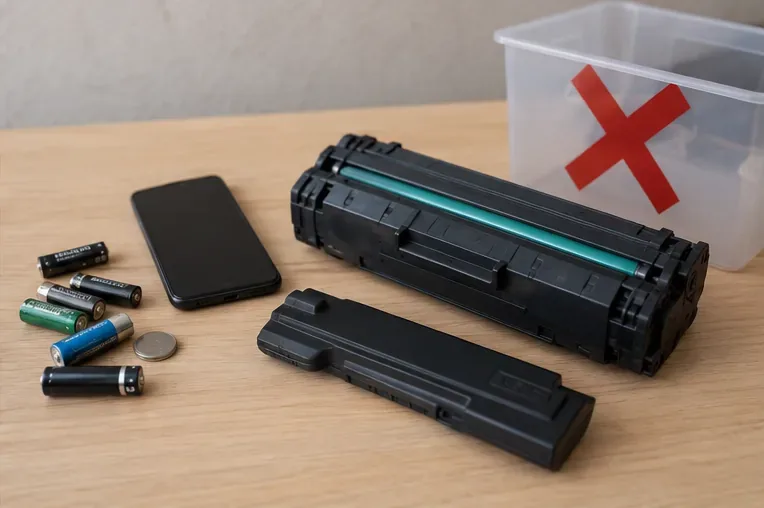 Pilhas, celular, cartucho de toner e bateria separados sobre uma mesa ao lado de uma caixa marcada para não misturar