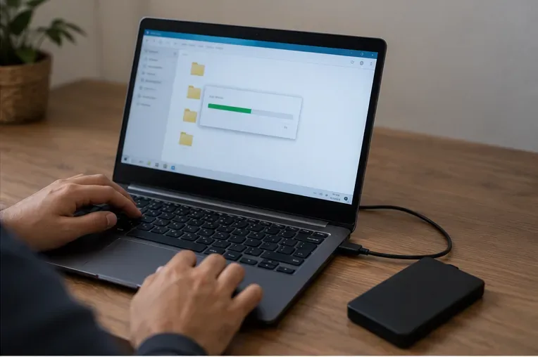 Pessoa fazendo cópia de arquivos de um notebook para um disco externo conectado por cabo