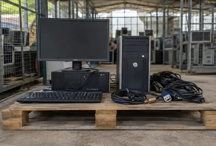 Computadores, monitor e cabos organizados sobre um pallet em uma área coberta de recebimento de eletrônicos