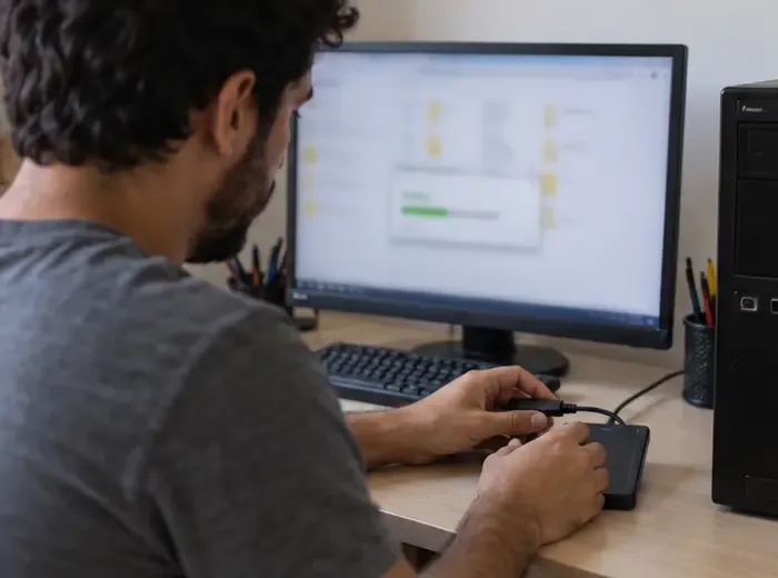 Pessoa copiando arquivos de um computador antigo para uma unidade externa sobre uma mesa