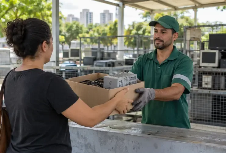 Moradora entregando uma caixa com componentes de computador a um funcionário de um ponto de recebimento