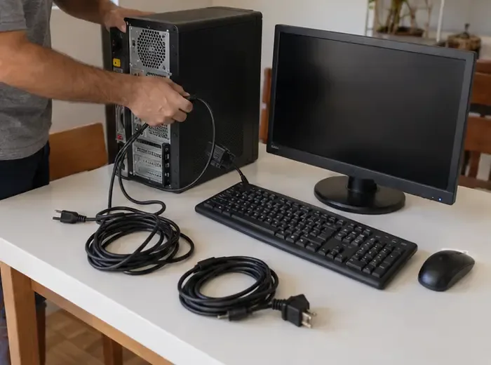 Gabinete, monitor, teclado, mouse e cabos sendo desconectados sobre uma mesa