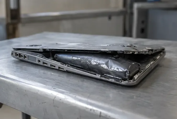 Notebook aberto com bateria de lítio visivelmente estufada sobre uma superfície metálica