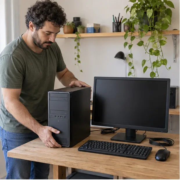 Pessoa organizando gabinete, monitor, teclado e mouse de um computador desligado sobre uma bancada